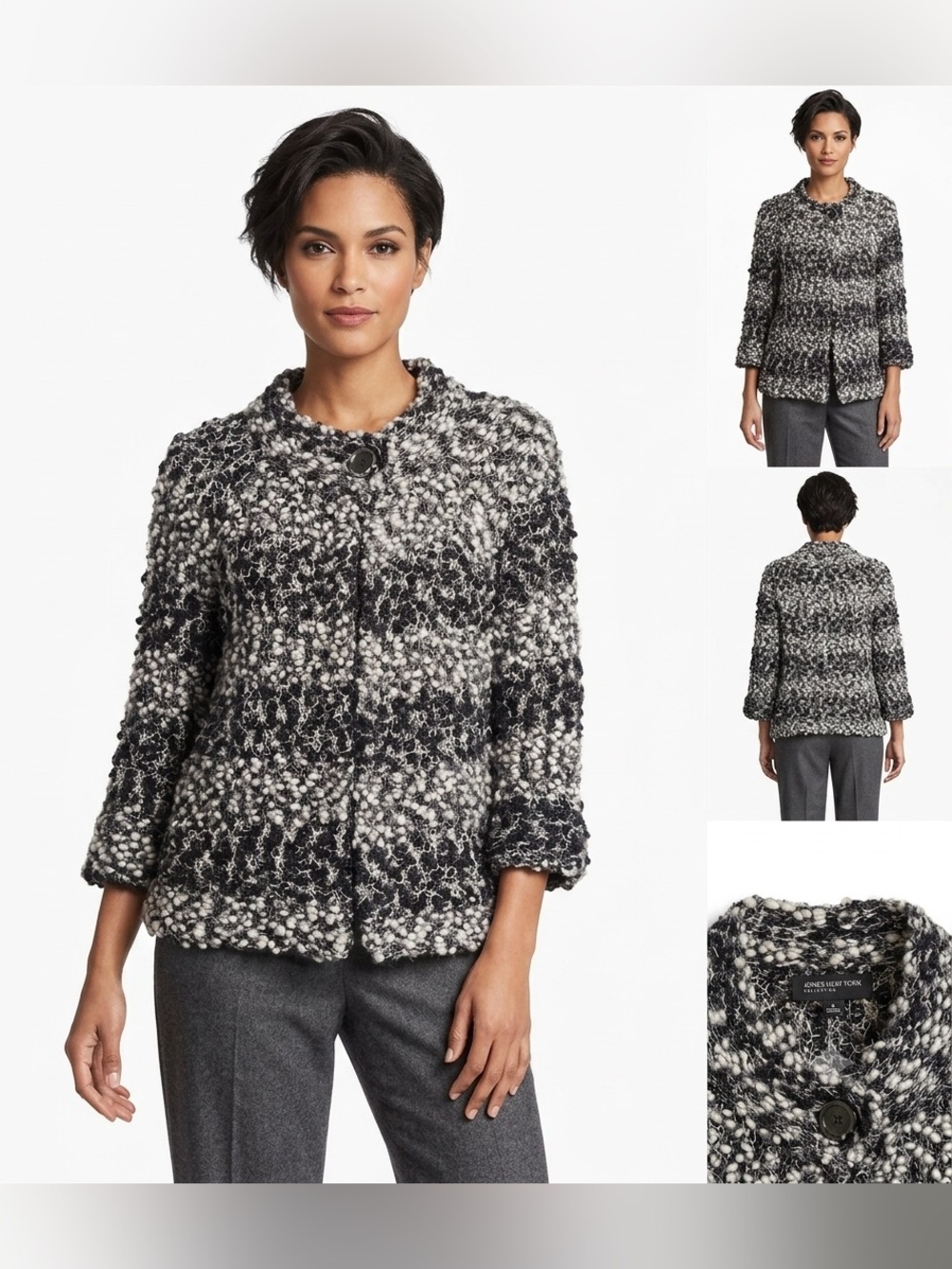 Jones New York Women’s Single Button Closure Blk/White Marled Knit Cardigan SZ S